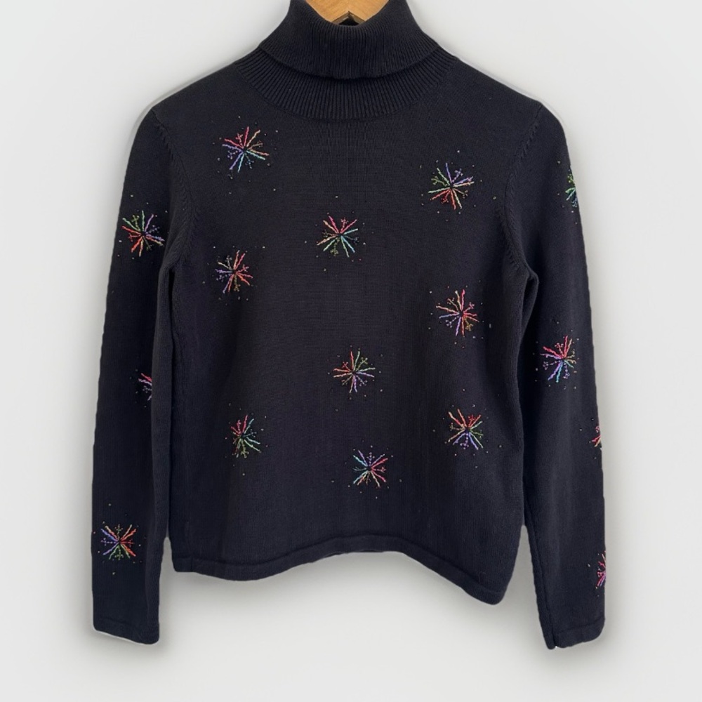 Talbots Beaded Starburst Turtleneck Sweater Pullover Black Cotton Women’s Size S